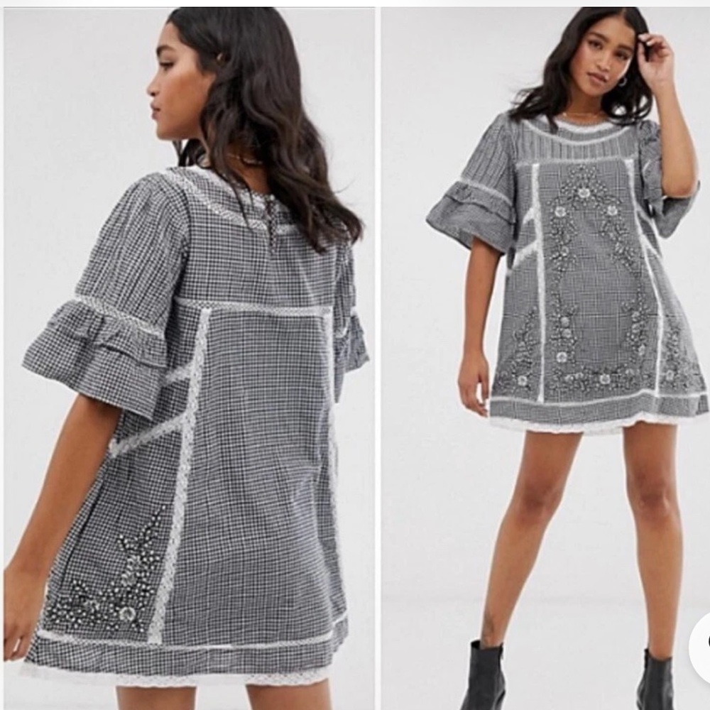 Free People Sunny Day Dress Black White Gingham Lace Trim Mini Shift M